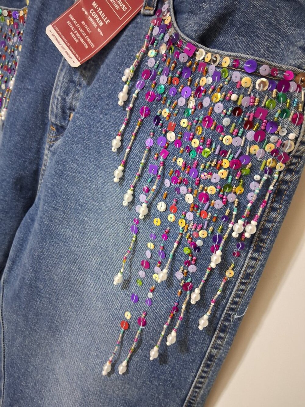 Upcycled New Levi Jeans with Beads Sequin - Beaded Fringe Size 12